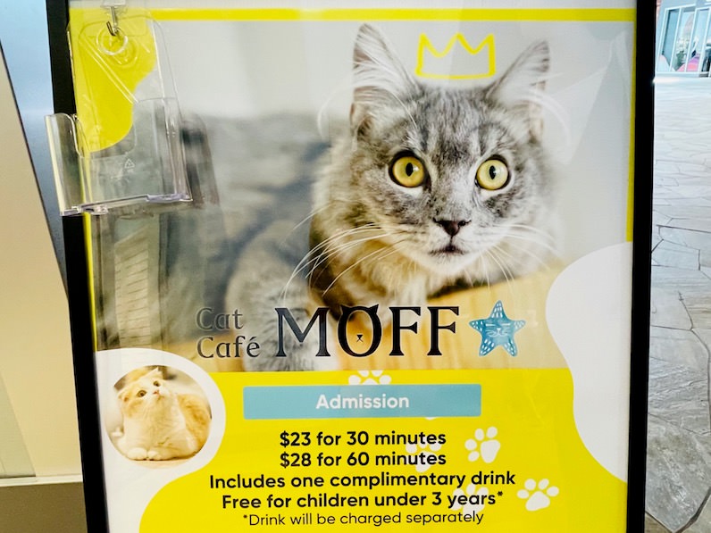 インターナショナル・マーケットプレイスの「Cat Café MOFF」の看板、料金
